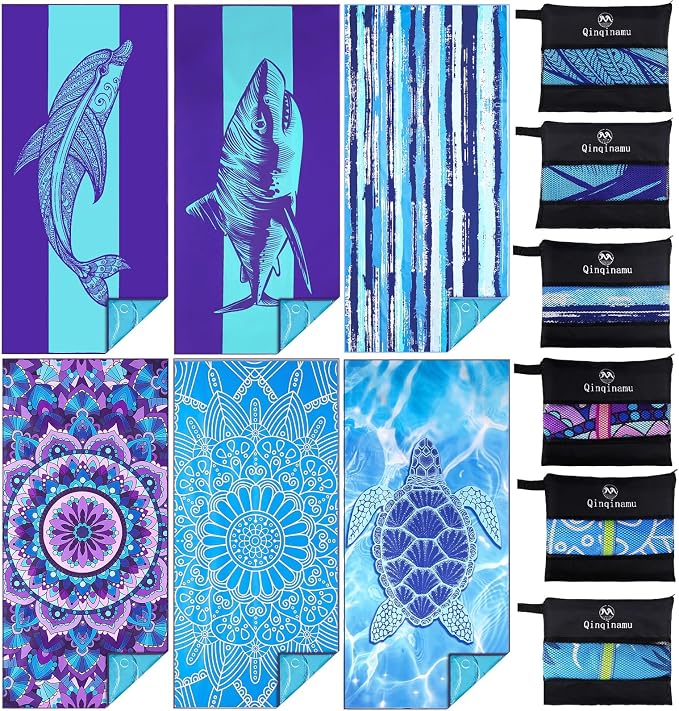 6 Pack Microfiber Oversized Lightweight Beach Towel 71x32 Extra Thin Large Sand Free Towels Travel Swim Pool Yoga Gym for Adults Women Men Beach Essentials Accessories Vacation Gift by Qinqinamu