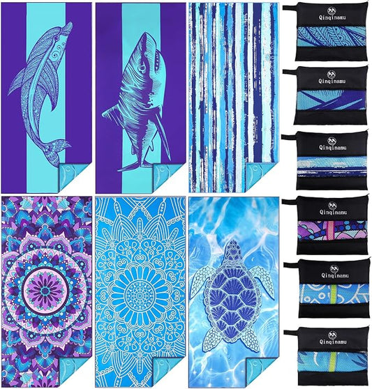 6 Pack Microfiber Oversized Lightweight Beach Towel 71x32 Extra Thin Large Sand Free Towels Travel Swim Pool Yoga Gym for Adults Women Men Beach Essentials Accessories Vacation Gift by Qinqinamu