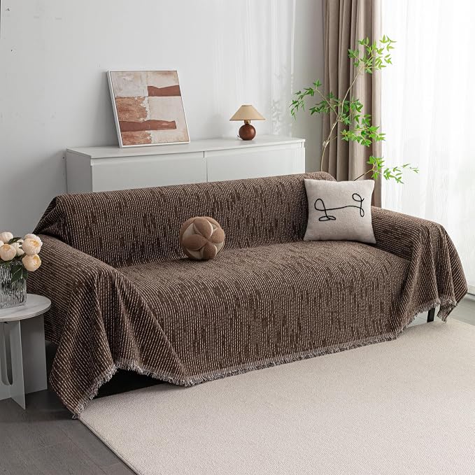 MYSKY HOME Couch Covers for 2 Cushion Couch Sectional Sofa, L Shape Sofa Protector Deep Chocolate Chenille Couch Cover, Sofa Covers Washable Blanket with Tassel Pet Couch Cushion Cover, 71"X102" by MYSKYHOME
