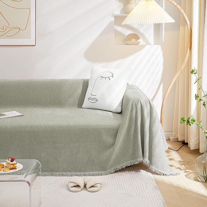 MEETSKY Green Sofa Covers for Dogs - 2 Cushion Chenille Slipcover for Sectional L-Shaped Couch - Pets Protector Furniture Cover, 71" x 134", Sage Green - Image 2