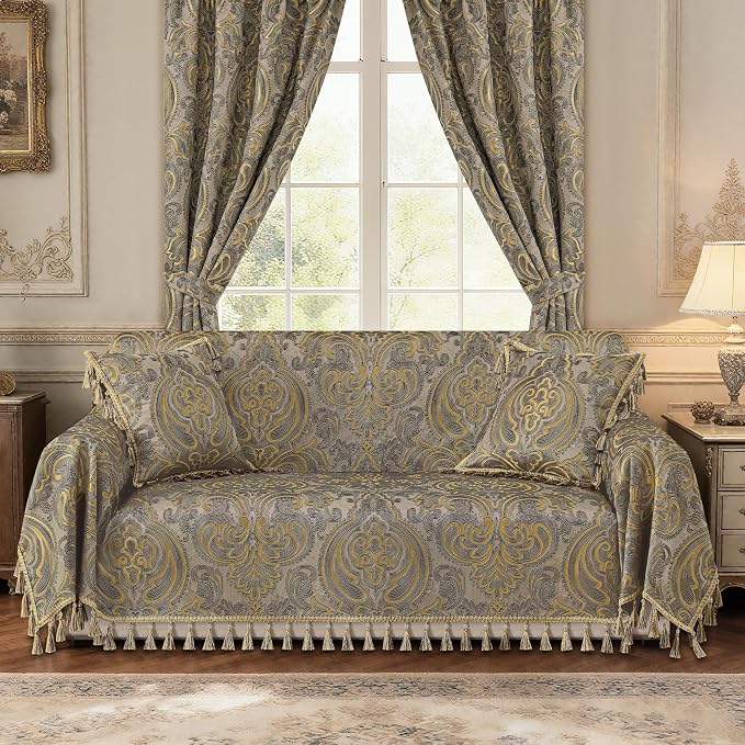Loom and Mill Luxury Jacquard Sofa Couch Covers, Taupe Gold, 71"x118" | European Antique Sofa Throw Cover with Tassels for 2-3 Cushion Couch, Sectional Couch Cover Sofa Slipcover for Dogs Pets - Image 2