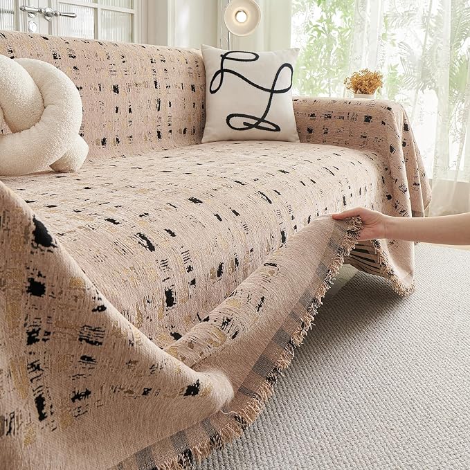 DREAMINGO Abstract Chenille Couch Cover Blanket Coffee Black Boho Sofa Cover, Washable Furniture Protector, Universal Slipcover for Couch, Geometric Brushstroke Jacquard, Large 71"x118" - Image 4