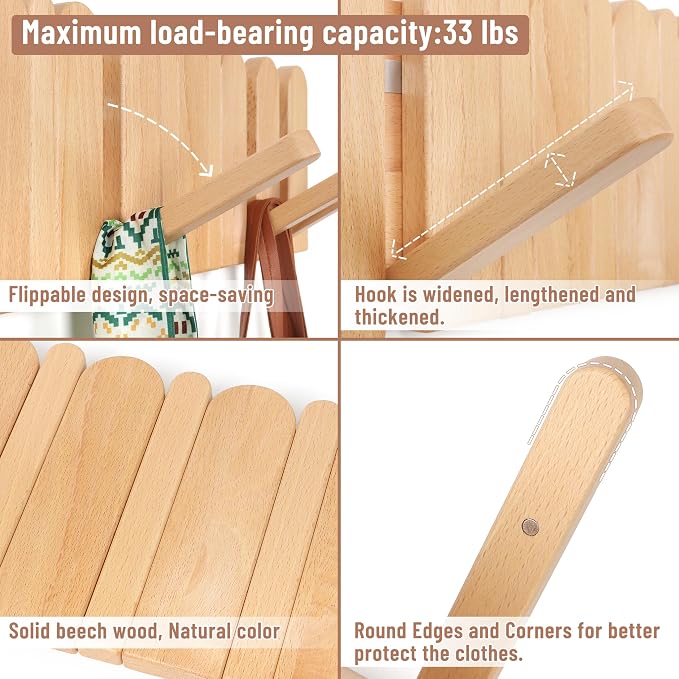 Wooden Boho Wall Mount Coat Rack 6 Hooks 16.8'' | Entryway Hanger with Magnetic Foldable Hooks Mounted, Space Saving for Hanging Jacket Bag for Apartments & Modern Homes - Image 3