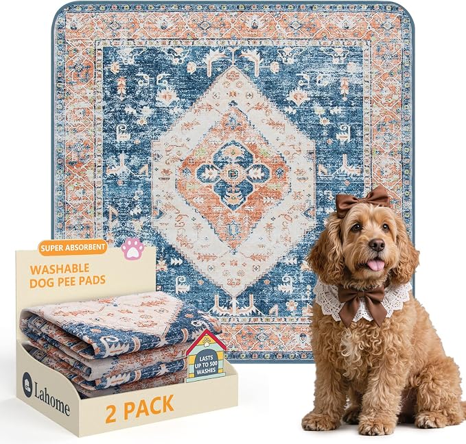 Lahome Super Absorbent & Leakproof Washable Dog Pee Pads - 2 Pack Value Set - Waterproof, Non-Slip Reusable Pads for Puppy Training, Crates & Whelping (24"x24", Beige Blue) by Lahome