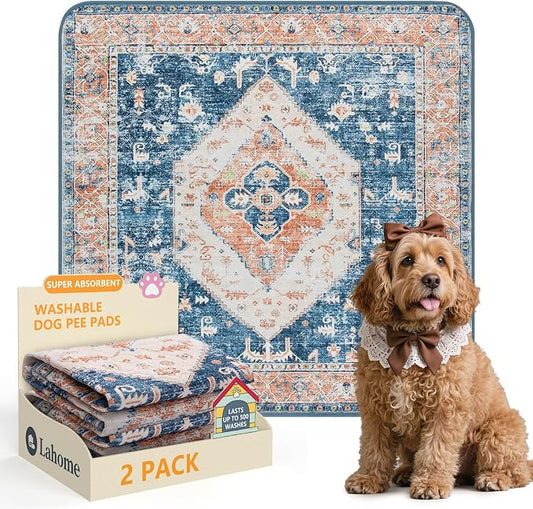 Lahome Super Absorbent & Leakproof Washable Dog Pee Pads - 2 Pack Value Set - Waterproof, Non-Slip Reusable Pads for Puppy Training, Crates & Whelping (24"x24", Beige Blue) by Lahome