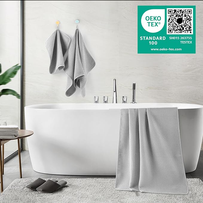 POLYTE 430 GSM Microfiber Quick Dry Lint Free Oversize Bath Towel Set, 6 Piece (Waffle Weave) - Image 3