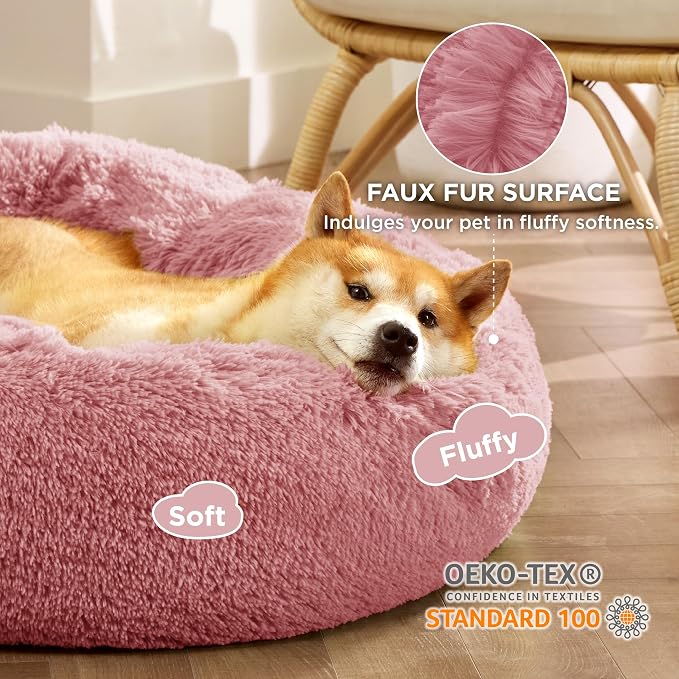 Bedsure Calming Dog Bed Medium Size Dog Donut Washable Pet Bed,30ins | Fluffy Faux Fur Round Cuddler,Machine Washable,Anti-Slip Bottom,Anti-Anxiety,Deep Sleeping for Pets Up to 45 Lbs,Mauve Blush - Image 2
