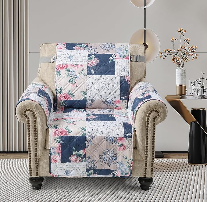 Brilliant Sunshine Vintage Indigo and Pink Roses Armchair Cover, 23" seat | Traditional Patchwork Design, Non Slip Sofa Cover, Quilted Furniture Protector, Washable Chair Slipcover for Pets, Dogs - Image 3