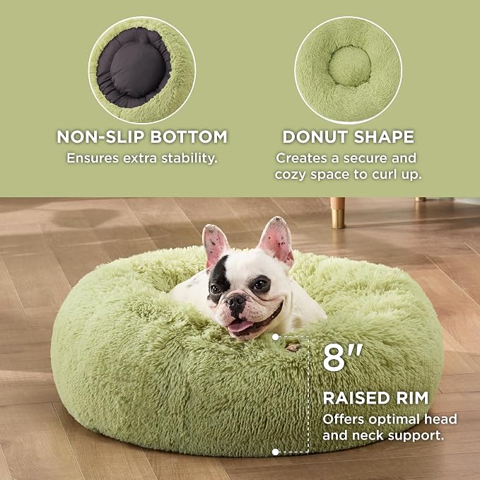 Bedsure Calming Small Dog Bed Donut Washable Cat＆Puppy Bed,23 inches Green | Fluffy Faux Fur Round Cuddler,Machine Washable,Anti-Slip Bottom,Anti-Anxiety,Deep Sleeping for Large Cat & Pets Up to 25 Lbs - Image 3