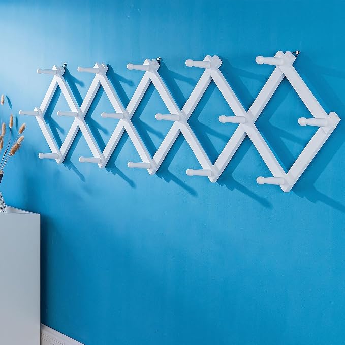 SKOLOO Accordion Wall Hanger with 16 Hooks, Modern Expandable Coat Rack Hat Rack for Wall, Solid Wooden, White - Image 3