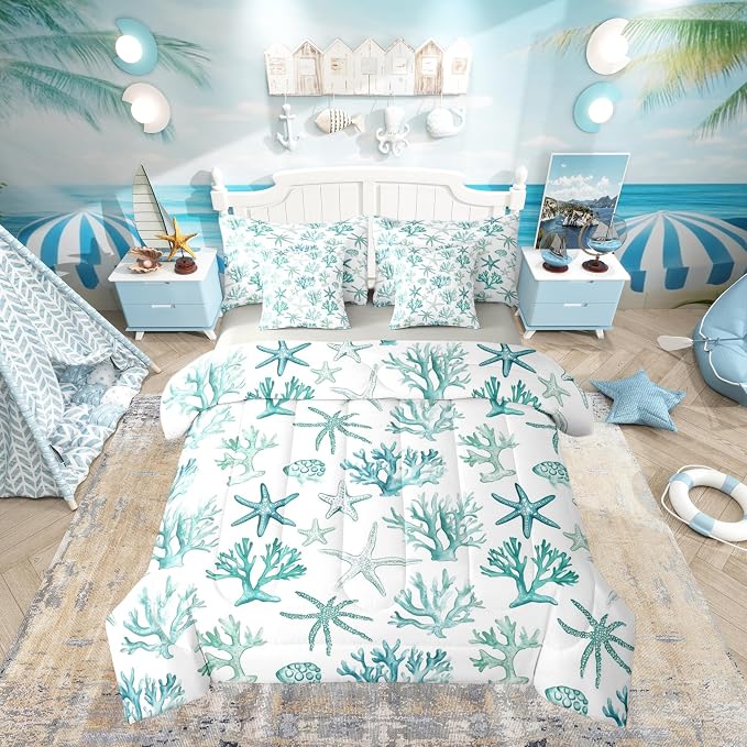 Erosebridal Shell Coral Starfish Comforter Set with Sheets, Summer Coastal King Bed in A Bag, Beach Nautical 7-Piece Bedding Set for Kids Boys Girls Teens Adults Bedroom Decor, Ocean Life Bed Sets by Erosebridal