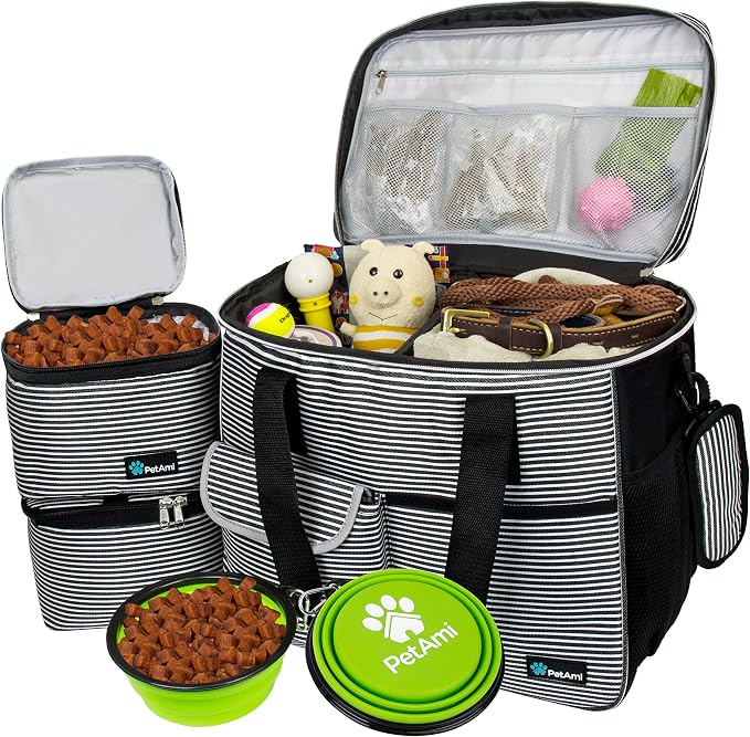 PetAmi Dog Travel Bag Organizer, Pet Travel Kit with 2 Food Containers & 2 Collapsible Dog Bowls, Pet Supplies Tote with Luggage Sleeve, Weekend Road Trip Camping Essentials, Stripe Black, Large by PetAmi