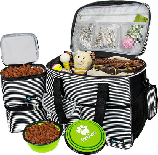 PetAmi Dog Travel Bag Organizer, Pet Travel Kit with 2 Food Containers & 2 Collapsible Dog Bowls, Pet Supplies Tote with Luggage Sleeve, Weekend Road Trip Camping Essentials, Stripe Black, Large by PetAmi
