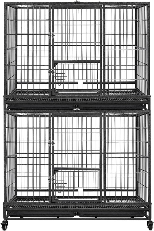 Yaheetech 43'' Stackable Heavy Duty Metal Dog Crate Cage, 2 Tiers Escape Proof Dog Kennel w/Open Top, Lockable Wheels, Removable Tray for Indoor Large Dogs