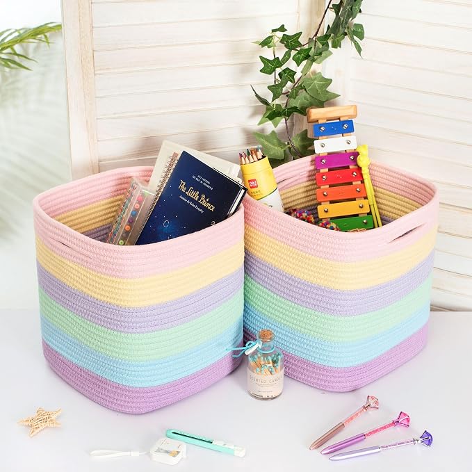 MINTWOOD Design 3-Pack 11x11in Woven Cube Storage Bin and Shelf Baskets, Cute Decorative Square Organizer for Closet, Classroom, Bathroom, Dog and Cat Toys, and Books, Pastel Rainbow - Image 4