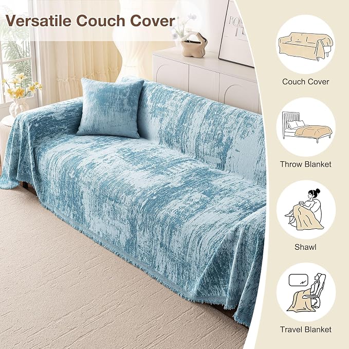 hyha Couch Cover for Dogs, Boho Chenille Sofa Cover for 3 Cushion Couch | Anti-Scratch Washable Sofa Slipcover, Loveseat Sectional Couch Throw Blankets with Tassels (Blue/White, 71x118 Inch) - Image 6