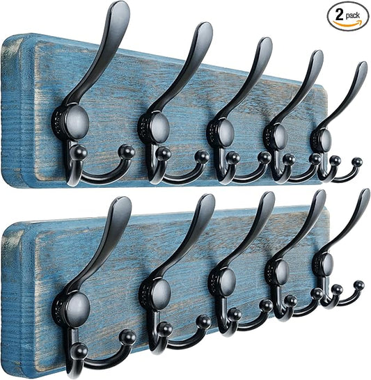 Dseap Coat Rack Wall Mount - Heavy-Duty Robust Barnwood-Style Wooden Wall Coat Hanger Hook Rail with 5 Triple Hooks for Winter Coats Hat Jacket Clothing, Weathered Blue & Black, Pack of 2 by Dseap