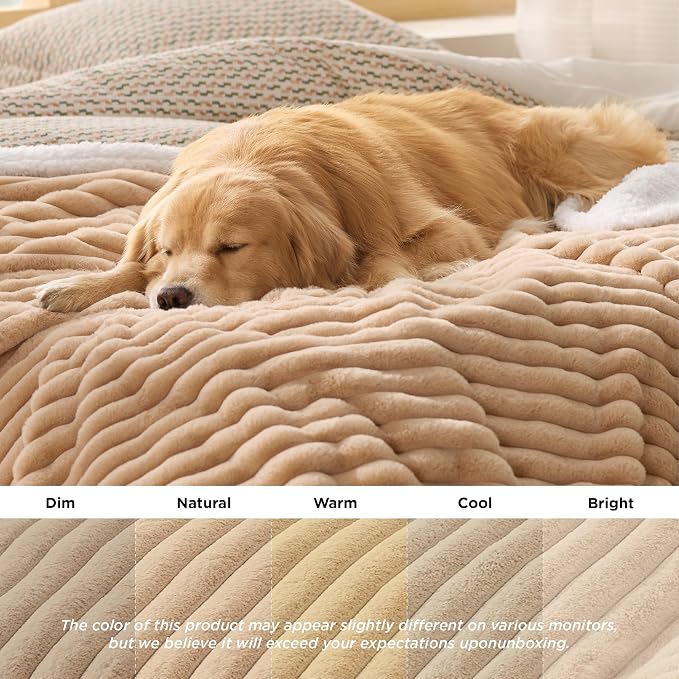 Bedsure ComfyFleece™ Waterproof Dog Blankets for Large Dogs,50x60 | Soft Plush Couch Cover,Washable Corduroy Fleece for Furniture Protector,Cozy Calming Reversible Pet Blanket, Tuscan Beige - Image 5