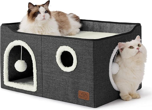 Bedsure Extra Wide Cat House Bed with Fluffy Ball and Scratch Pad | Dark Grey 23.6x16.9x13 in,Indoor Cat Cave for Multiple Pets, Foldable Cat Hideway Cube for Sleeping Large Cat and Kitten by Unknown