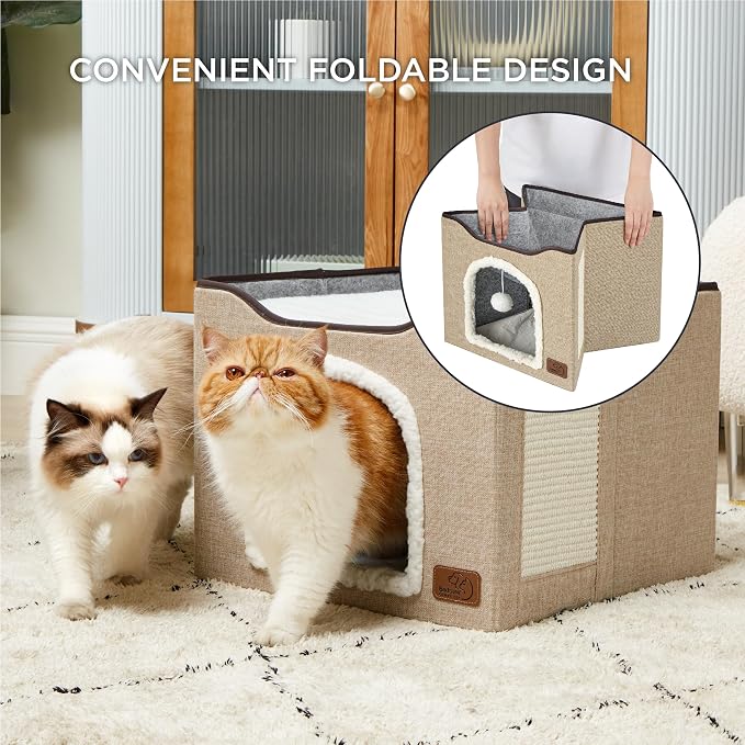 Bedsure Cat House Bed for Indoor Cats with Fluffy Ball and Scratch Pad | Brown,16.5x16.5x13 in,Large Cat Cave for Multiple Pets,Foldable Cat Hideway Cube for Sleeping Kitten - Image 4