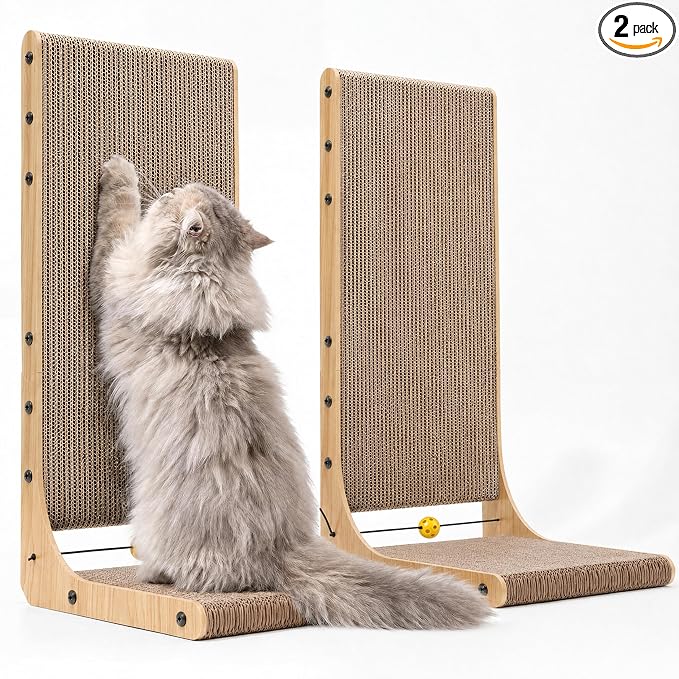 FUKUMARU Cat Scratcher 2 Packs, 25 Inch Cat Scratching Boards, L Shaped Pad | Cardboard Cat Scratcher for Indoor Cats, Vertical Scartch Pads with Ball Toy, Kitten Scratching Post Wall, Wood Color by FUKUMARU