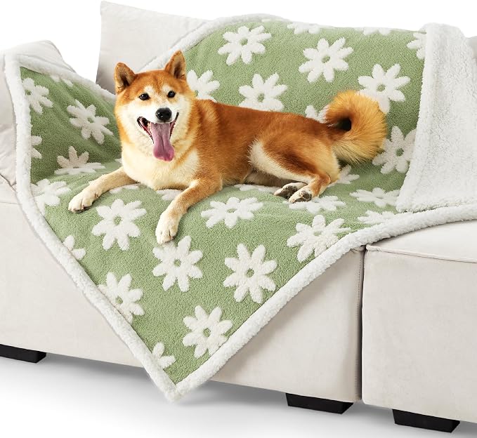 LE SURE Waterproof Dog Blankets for Large Dogs Cute Cozy 3D Jacquard,40x50 | Warm Soft Pet Blanket for Senior Dogs Aesthetic Gift, Washable Sherpa Throw, Reversible Couch Protector, Flower Garden Green - Image 8