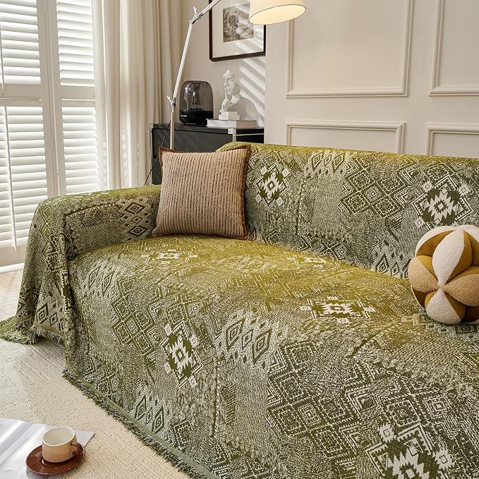 DREAMINGO Dark Green Couch Protector Boho Sofa Covers for 2 Cushion Couch Geometric Jacquard Soft Chenille Furniture Cover for Dogs Washable Vintage Sofa Slipcovers for Sectional, 71"x118" - Image 3