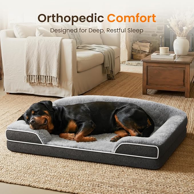 Orthopedic Dog Bed for Giant Breeds, 48"x35" XXL Large Dog Sofa Bed | Egg Crate Foam for Pressure Relief, Cozy Bolster Sofa Design, Waterproof Removable Washable Cover, Non Slip Bottom, Dark Grey - Image 2