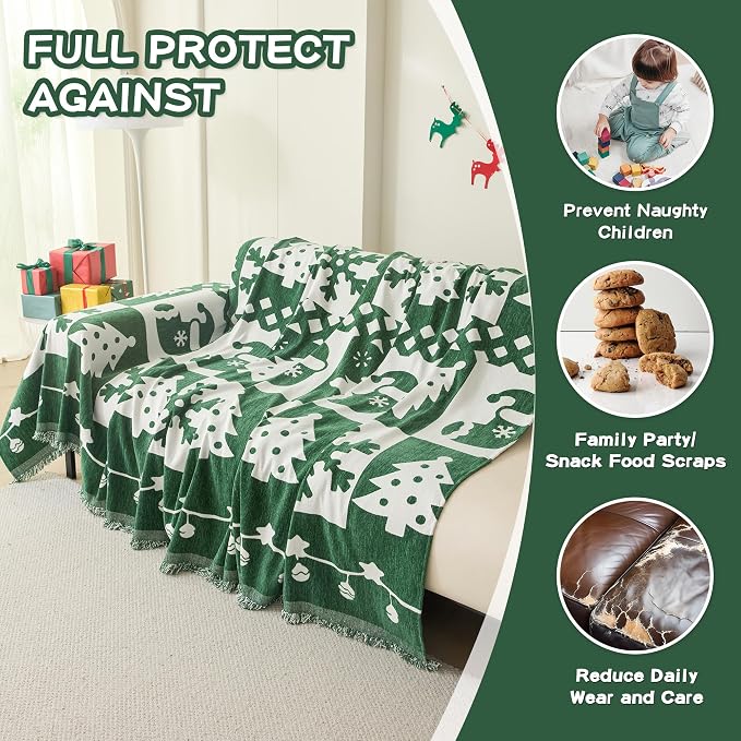 MEETSKY Christmas Couch Cover for Sectional Sofa, Chenille Green Sofa Covers Washable for Pet Friendly Snowflake Christmas Tree Decorative Couch Covers, 71" x 134" - Image 2
