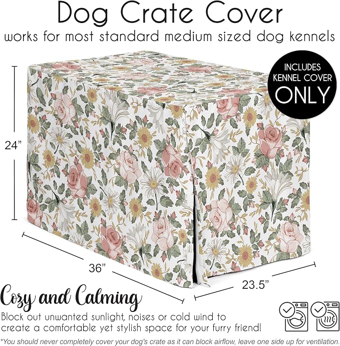 Sweet Jojo Designs 36in. Medium Dog Crate Cover (Boho Vintage Floral) Pet Cage, Kennel Covers (Bohemian, Shabby Chic, Rose, Flower, Elegant, Wildflower, Farmhouse, Blush Pink, Yellow, Green) - Image 5