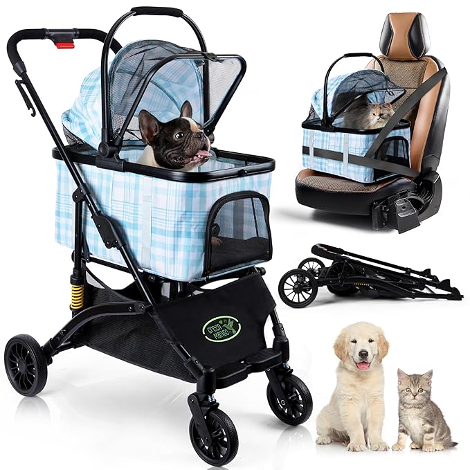 Green Mango Collapsible Pet Stroller with Suspension for Small/Medium Cats/Dogs. 3 in 1 Folding Stroller with Phone/Bottle Holder and Rain Cover, Car Seat and Storage Basket