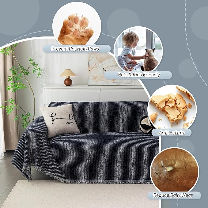MYSKY HOME Boho Couch Cover Navy Sofa Covers with Tassel Farmhouse Sofa Slipcover Simple Couch Protector for Dogs Chenille Sectional Couch Covers L Shaped Couch Cushion Covers, 71"x 134" - Image 3