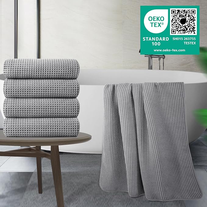 POLYTE 430 GSM Microfiber Oversize Quick Dry Lint Free Bath Towel, 60 x 30 in, 4 Pack (Waffle Weave) - Image 2