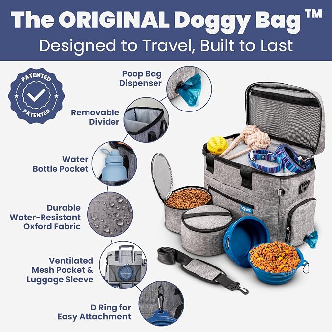 Rubyloo Original Doggy Bag™ Dog Travel Bag for Supplies with Travel Bowls | 2 BPA-Free Collapsible Bowls, 2 Pet Food Containers, TSA-Ready, Road Trips, Camping, Weekend Getaways, Doggy Gift, Grey - Image 2