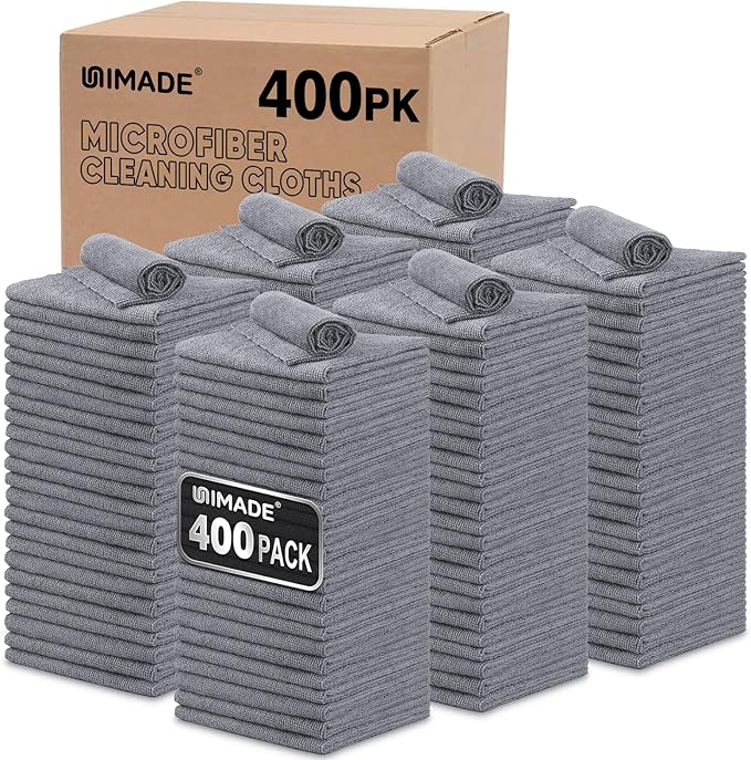 UNIMADE Microfiber Cleaning Cloth, 400 Pack Microfiber Towels for Cars | Commercial Grade Work Rags Bulk Detailing Cloth for Automotive Bar Mechanic Garage Housekeeping, 11.5"x 11.5", Grey by Unimade