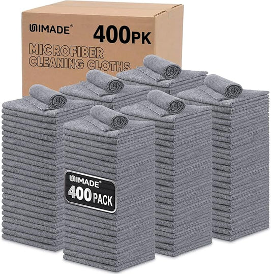 UNIMADE Microfiber Cleaning Cloth, 400 Pack Microfiber Towels for Cars | Commercial Grade Work Rags Bulk Detailing Cloth for Automotive Bar Mechanic Garage Housekeeping, 11.5"x 11.5", Grey by Unimade