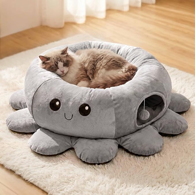 Cat Tunnel Bed for Indoor Cats, Peekaboo Cat Cave Bed with 20 Pcs Cat Toys, Soft Cat Donut Tunnel for Kitten Large Cats, Grey Octopus - Image 5