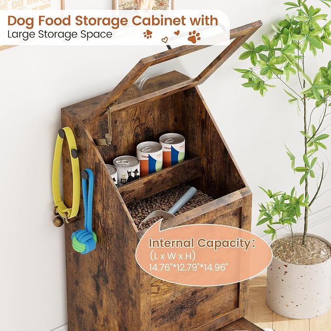Dog Feeding Station with 2 Elevated Bowls, Pet Feeding Station,Flip Top Dog Food Storage Cabinet, Food Storage Container,Pet Toy Organizer,Modern Organizer,Brown - Image 3