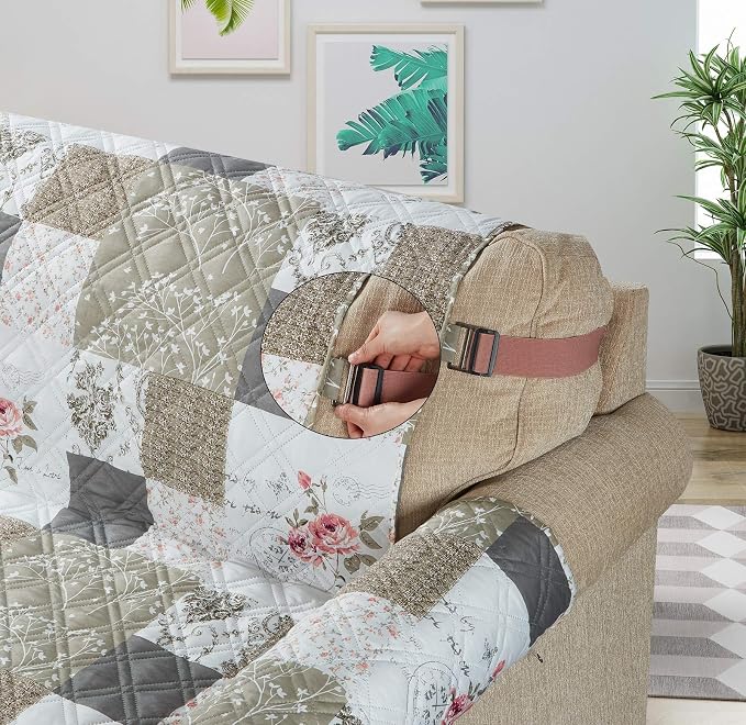 Brilliant Sunshine Pink Rose & Grey Toile Patchwork Couch Cover, 70" seat | Non Slip Sofa Cover, Quilted Furniture Protector, Large Washable Slipcover for Pets, Dogs & Cats - Image 2