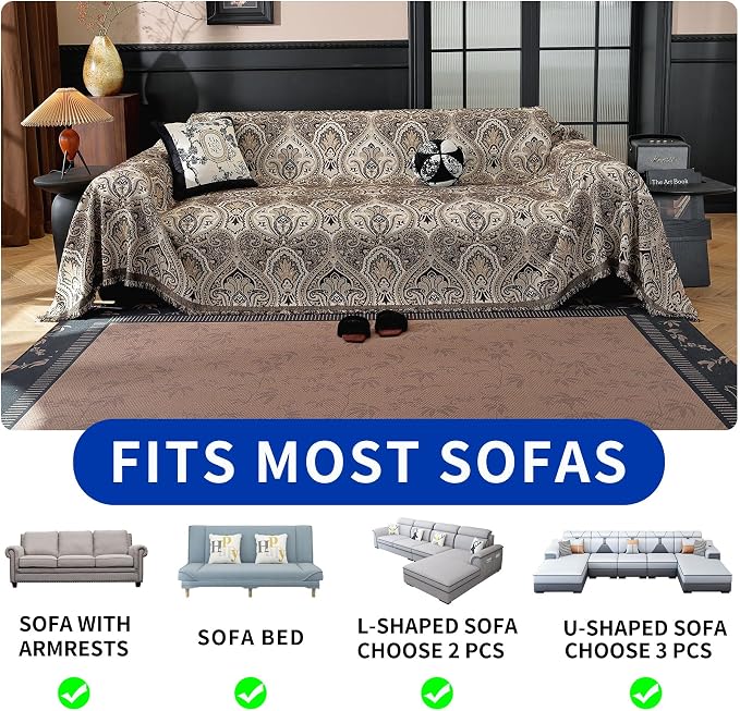 Vintage Couch Covers for Sofa Washable Sofa Covers for 3 Cushion Couch Non Slip Couch Covers for sectional Sofa Chenille Jacquard Furniture Protector for Dogs Pet Friendly Brown, 91"x134" - Image 6