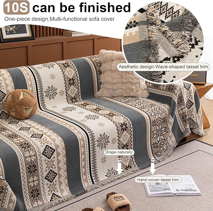 ROOMLIFE Couch Cover 3 Cushion Sofa, Washable Non Slip Furniture Sofa Protector Cover, Soft Chenille Sofa Slipcovers Sectional L Shape Dogs Couch Cover Throw Blanket with Tassels 71''X118'' - Image 2