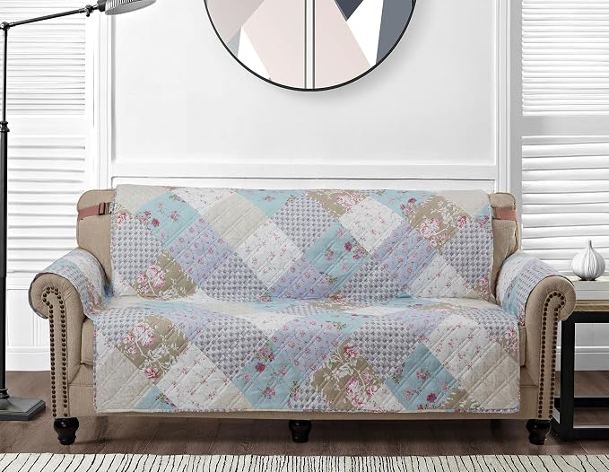 Brilliant Sunshine Blue & Green Roses Loveseat Cover, 54" seat | Non Slip Sofa Cover, Patchwork Design, Quilted Furniture Protector, Large Washable Love Seat Slipcover for Pets, Dogs & Cats by BrilliantSunshine