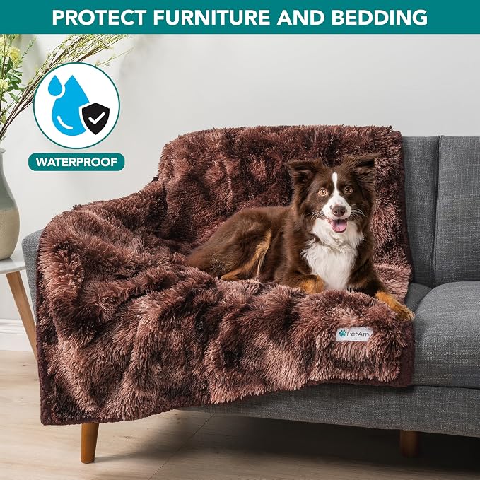 PetAmi Waterproof Dog Blanket for Couch, Bed & Furniture,Reversible Sherpa & Faux Fur Pet Blanket, Leakproof Pet Throw for Large Dog Cat, Washable Soft Calming Sofa Protector (60x80, Tie-Dye Brown) - Image 2