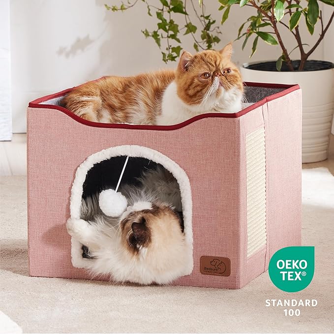 Bedsure Cat Beds for Indoor Cats - Large Cat Cave for Pet Cat House with Fluffy Ball Hanging and Scratch Pad, Foldable Cat Hideaway,16.5x16.5x13 inches, Pink | 16.5x16.5x13 in,Large Cat Cave for Multiple Pets,Foldable Cat Hideway Cube for Sleeping Kitten - Image 5
