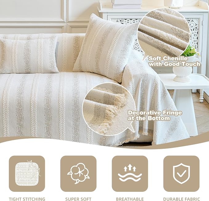 Couch Cover for Dogs Washable Sofa Cover, Sectional Couch Covers, Sofa Covers for 2 Cushion Couch, Non Slip Stripe Sofa Slipcovers Furniture Protector (Beige, 91 * 134) - Image 4