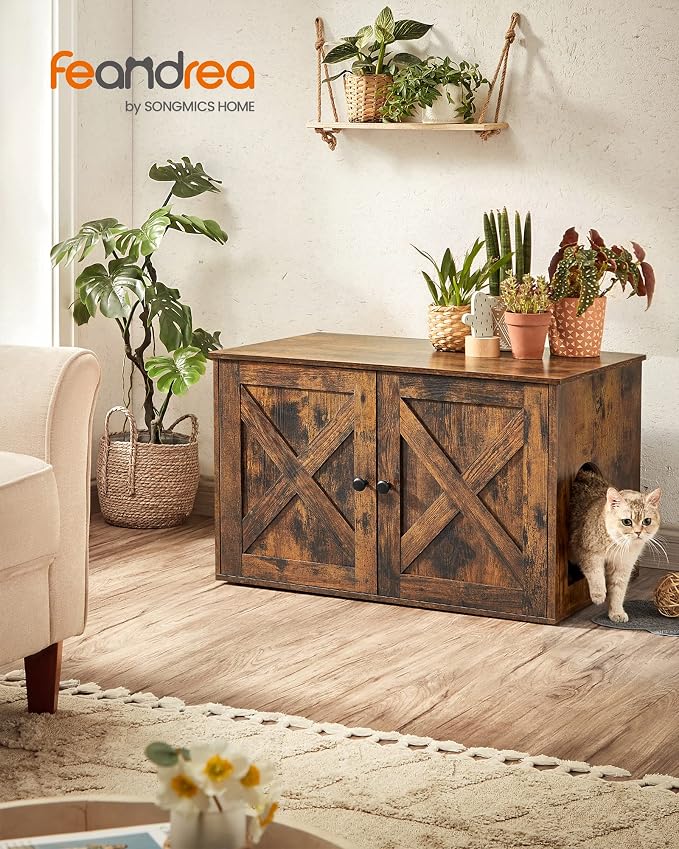 Feandrea Cat Litter Box Enclosure, Litter Box Furniture Hidden with Removable Divider, Indoor Cat House, End Table, 31.5 x 20.9 x 19.7 Inches, Rustic Brown UPCL002X01 - Image 2