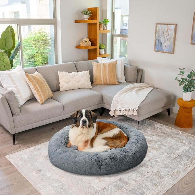 Best Friends by Sheri The Original Calming Donut Dog Bed for Extra-Large Dogs up to 150 lbs, Shag Faux Fur, Gray, 45" x 45" - Image 7