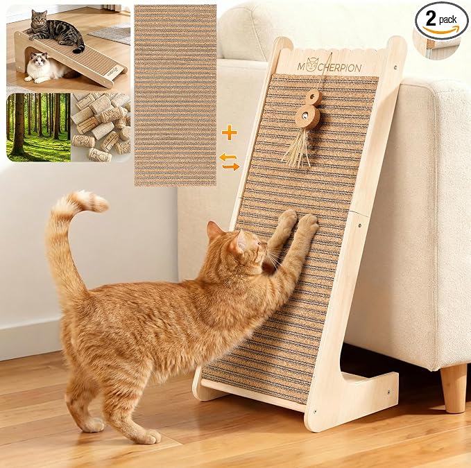 Natural Cork Cat Scratching Post-Cat Scratchers- Scratch Pads for Indoor-Cats Scratching Board-Cat ramp-cat Scratch Cardboard with Toy,Include 2 Pcs Replaceable Pads-Eco-Friendly Sustainable-Cat Gift by MocherpionLLC