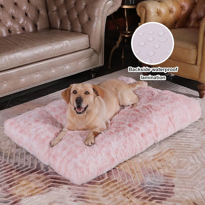 Bedfolks Waterproof Crate Bed, Plush Dog Kennel Pad with Removable Washable Cover, Faux Fur, Fluffy 47"x29", Pink - Image 2
