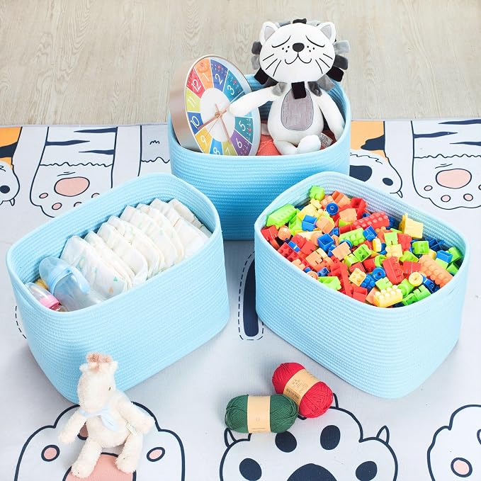 MINTWOOD Design 3-Pack Decorative Woven Storage Baskets for Shelves, Cube Bin Box for Organizing Books, Shoes, Dog Toys, Pantry Closet and Living Room Organizer, Sky Blue - Image 5